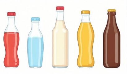 Five glass bottles with various colorful drinks red blue cream yellow and brown liquids
