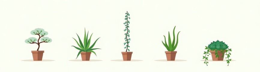 Fototapeta premium Five potted plants illustration bonsai tree agave vine aloe vera and trailing succulent