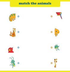 Naklejka premium Match halves of cute cartoon wildlife animals. Logical game for kids