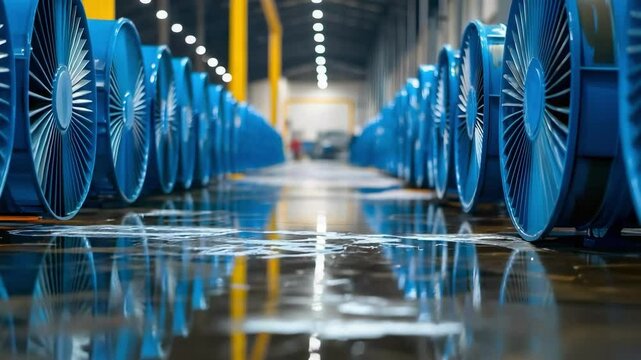 A row of large blue industrial fans lined up, with reflections on a wet floor in a spacious facility.