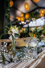 Beautiful details of the flower decorations at a wedding's reception. 