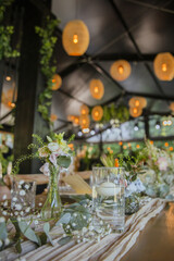 Beautiful details of the flower decorations at a wedding's reception. 