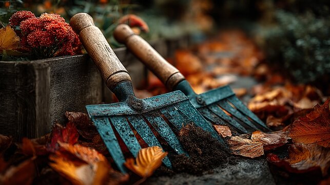 Rustic gardening tools resting amidst colorful autumn leaves in a serene garden setting