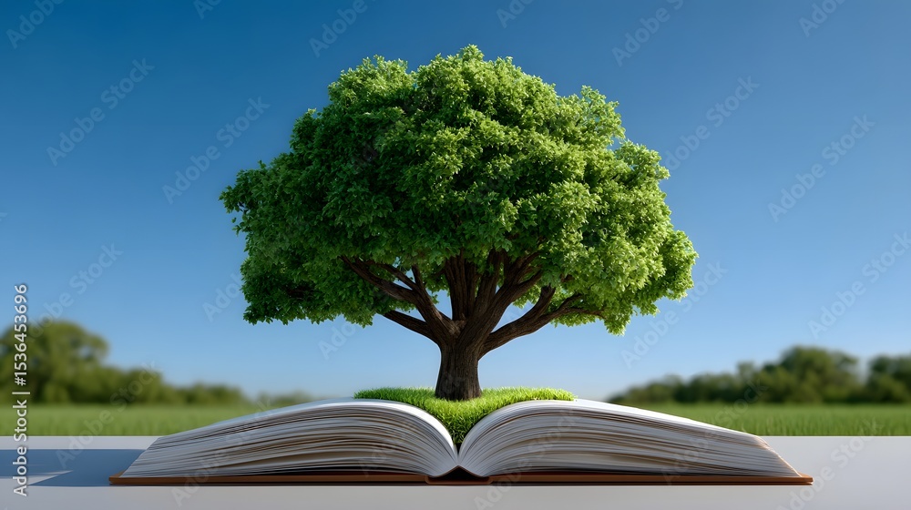 Poster a lush, green tree emerging from the pages of an open book, representing the transformative power of