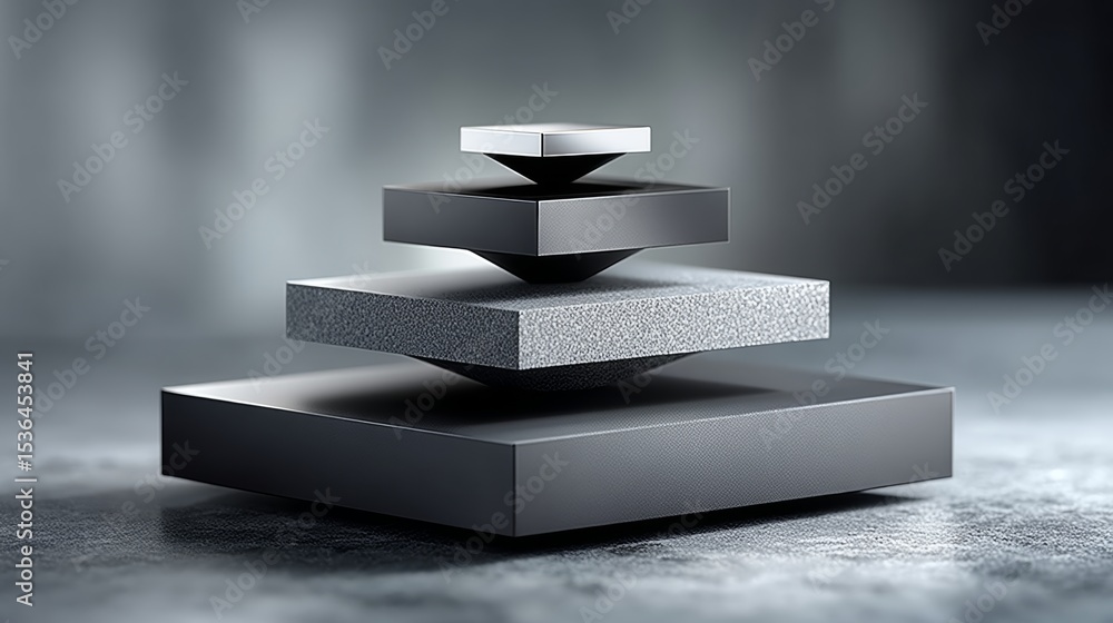 Aufkleber stack of three cubes on a grey surface. the cubes are all the same size and are made of metal. conce