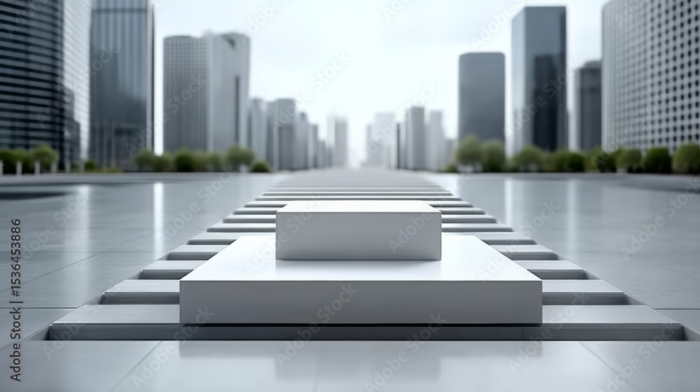 Poster white box is placed on a sidewalk in front of a city. the box is square and white, and it is a displ