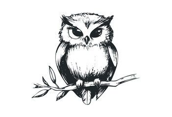 Fototapeta premium Detailed sketch of an owl perched on a branch. Vector retro hand drawn illustration