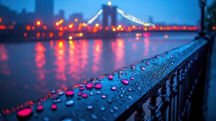 Fototapeta premium Raindrops on a railing, city lights blurred in the background