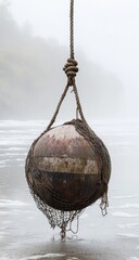Rusty sphere buoy hanging from rope on foggy beach