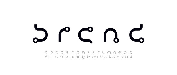 Technology science font, digital cyber alphabet with rings, lowercase letters A, B, C, D, E, F, G, H, I, J, K, L, M, N, O, P, Q, R, S, T, U, V, W, X, Y, Z and numerals 0, 1, 2, 3, 4, 5, 6, 7, 8, 9 spa