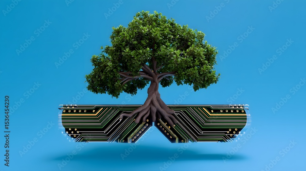 Aufkleber a surreal image depicting a thriving tree with its roots embedded in a futuristic circuit board, sym