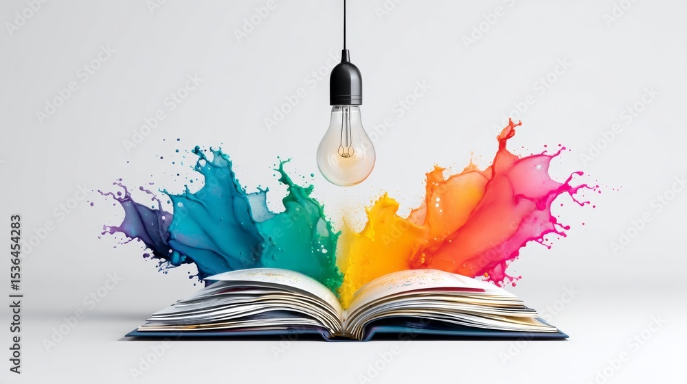 Poster book is open to a page with a light bulb on it. the light bulb is surrounded by colorful paint splat
