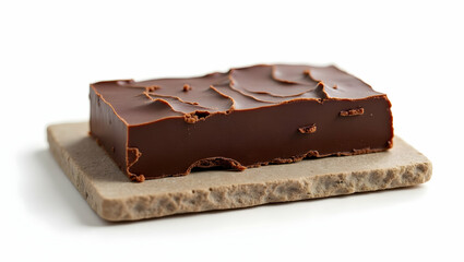 Chocolate An irregular chocolate slab with raw textures placed on a natural stone tile, isolated on white background with diffuse daylight for organic styling (1)