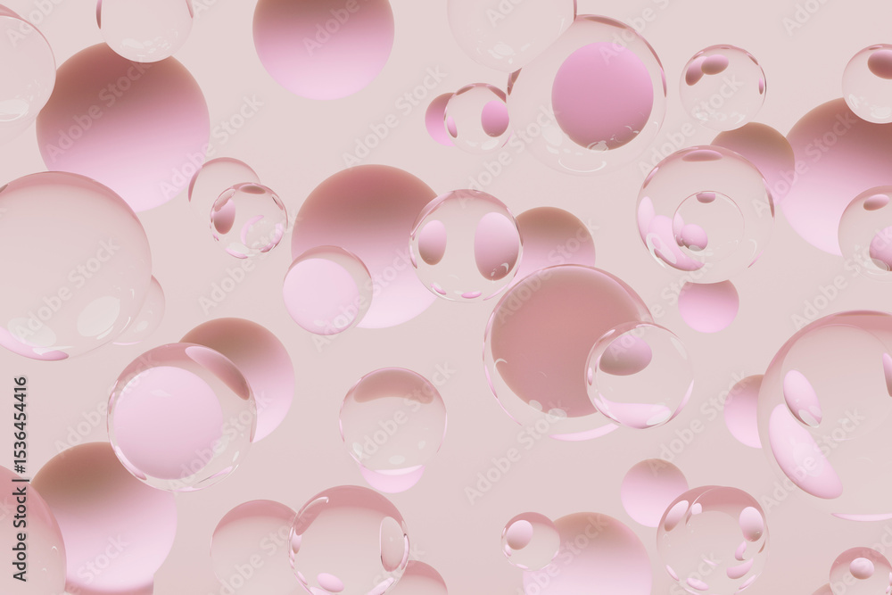 Poster tranquil scene of translucent pink spheres drifting in a gentle haze. floating bubbles abstract back