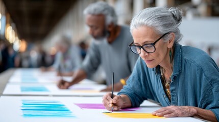 Woman is painting a picture with a brush. She is wearing glasses and has a ponytail