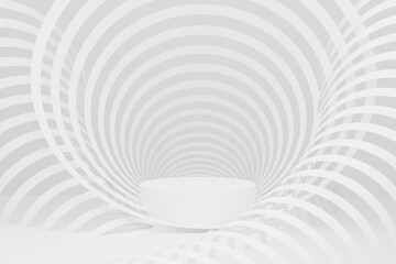 Elegant modern white abstract stage mockup - round podium, circular lines, swirl patterns with 3d...