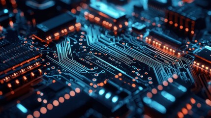 Obraz premium A complex circuit board with glowing blue and orange lights, set against a dark background with a blurred, orange glow.