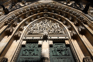 Saint Vitus Cathedral's portal with the relief of Crucifixion, Prague, Czech Republic