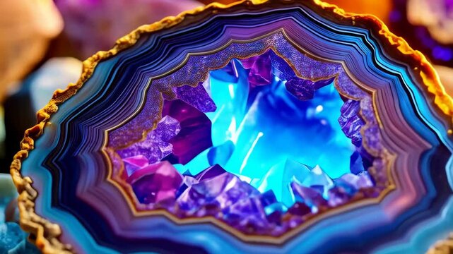 Striking geode formation featuring layers of brown and blue hues and sparkling crystal interior, creating a dazzling mineral specimen.
