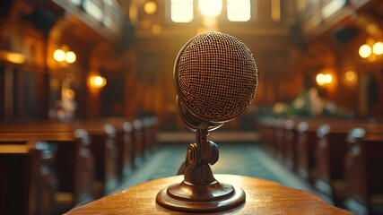 A microphone stands at the center of a grand courtroom, surrounded by elegant woodwork. Attendees await a significant event filled with inspiring messages and impactful discussions.