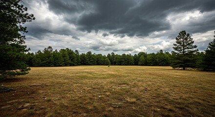 a field with trees and grass under a cloudy sky