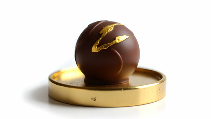 Chocolate A handcrafted chocolate truffle with gold leaf detail sits on a mirrored pedestal, isolated on white background