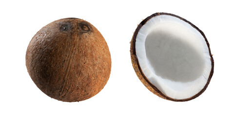 Whole and two halves of coconut isolated

