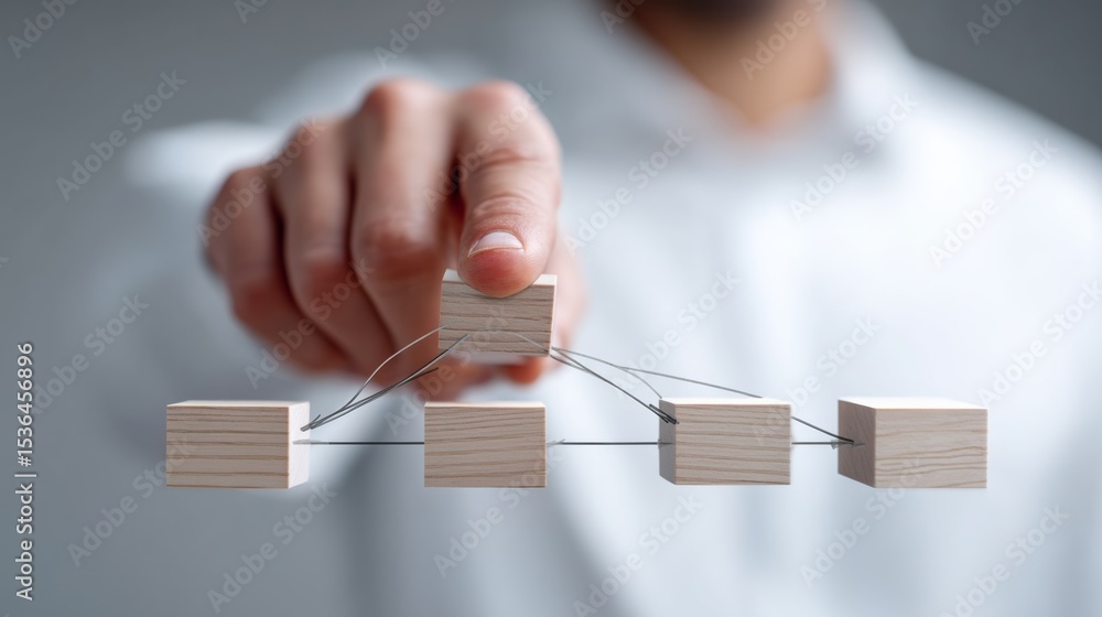 Poster man is holding a wooden block that is connected to other wooden blocks. the blocks are arranged in a