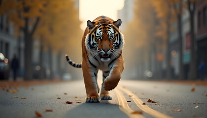 Tiger running through the city