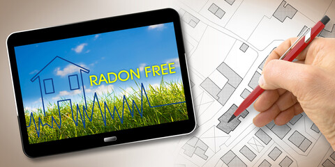 The danger of radon gas in our homes - Radon free concept image with check-up graph about radon air...