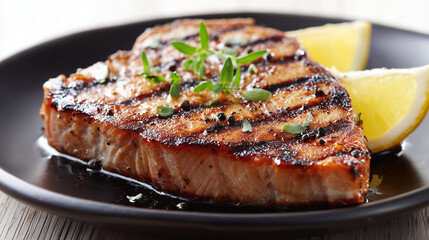 Photo of a thick yellowtail steak served on a plate with lemon