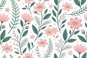 Modern minimal floral pattern, flat design, clean lines, soft pink and green palette on white background. design illustration