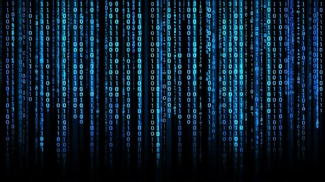 Blue binary digits dropping on black screen, creating a matrix style AI stream and data flow, representing fast digital technology movement