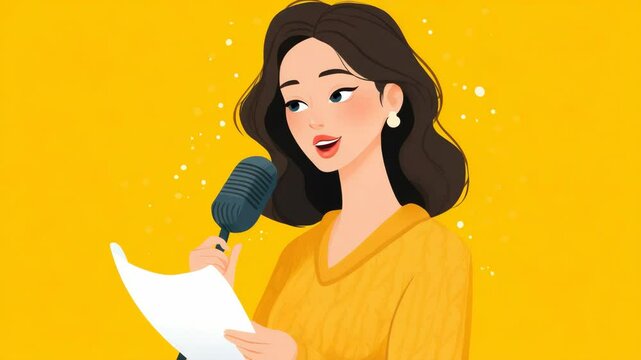 Young Woman Delivering Engaging Speech While Holding Notes in Bright Yellow Sweater