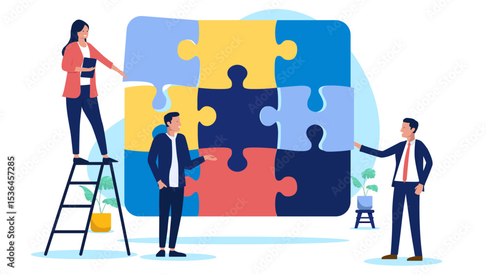 Poster team of business professionals problem solving - businesspeople collaborating to solve a problem, fi