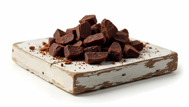 Chocolate A pile of unshaped raw cacao chunks on a weathered white wooden slab, isolated on white