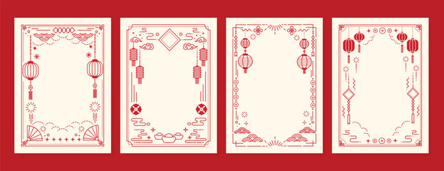 Chinese New Year poster vector set. Elegant card template design with frame, lantern, cloud, wave, firework in red line art. Oriental illustration for cover, website, calendar, envelope, package.
