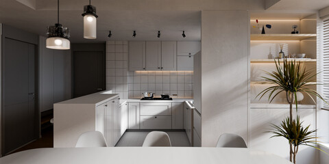 Modern Open-Plan Living Room, Kitchen, and Dining Area – 3D Interior Architectural Visualization Render