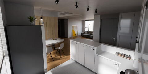 Modern Open-Plan Living Room, Kitchen, and Dining Area – 3D Interior Architectural Visualization Render
