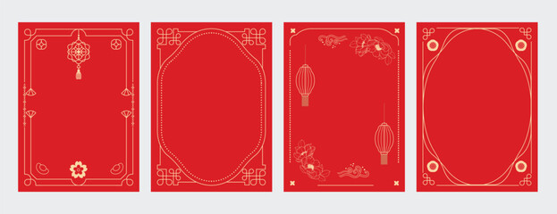 Chinese New Year poster vector set. Luxury card template design with frame, lantern, cloud, peony flower in gold line art. Oriental illustration for cover, website, envelope, package.