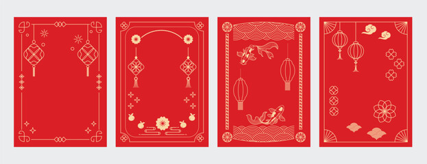 Chinese New Year poster vector set. Luxury card template design with frame, lantern, cloud, wave, flower, koi fish in gold line art. Oriental illustration for cover, website, envelope, package.