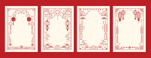 Chinese New Year poster vector set. Elegant card template design with frame, lantern, cloud, wave, firework in red line art. Oriental illustration for cover, website, calendar, envelope, package.