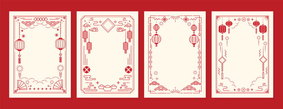 Chinese New Year poster vector set. Elegant card template design with frame, lantern, cloud, wave, firework in red line art. Oriental illustration for cover, website, calendar, envelope, package.