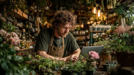 Man with laptop in a plant filled shop working intently.