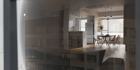 Modern Open-Plan Living Room, Kitchen, and Dining Area – 3D Interior Architectural Visualization Render