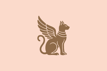 Winged egyptian cat sitting, ancient silhouette vector illustration, logo, icon

