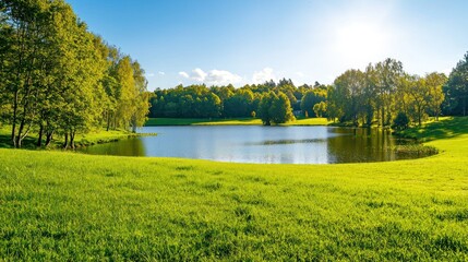 Green grassy slope leading to a small lake, sunny afternoon