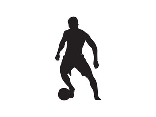 Silhouette of a soccer player dribbling the ball isolated on a white background