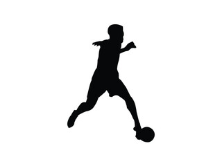 Silhouette of a soccer player kicking the ball isolated on white background