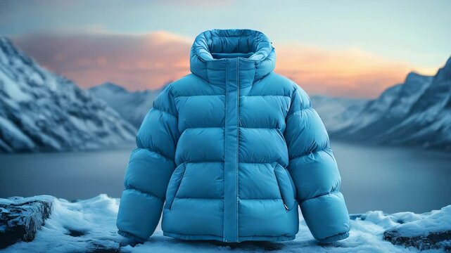 A blue puffer jacket stands out against a breathtaking backdrop of snowy mountains and a tranquil lake during sunset. The vibrant hues enhance the serene atmosphere.